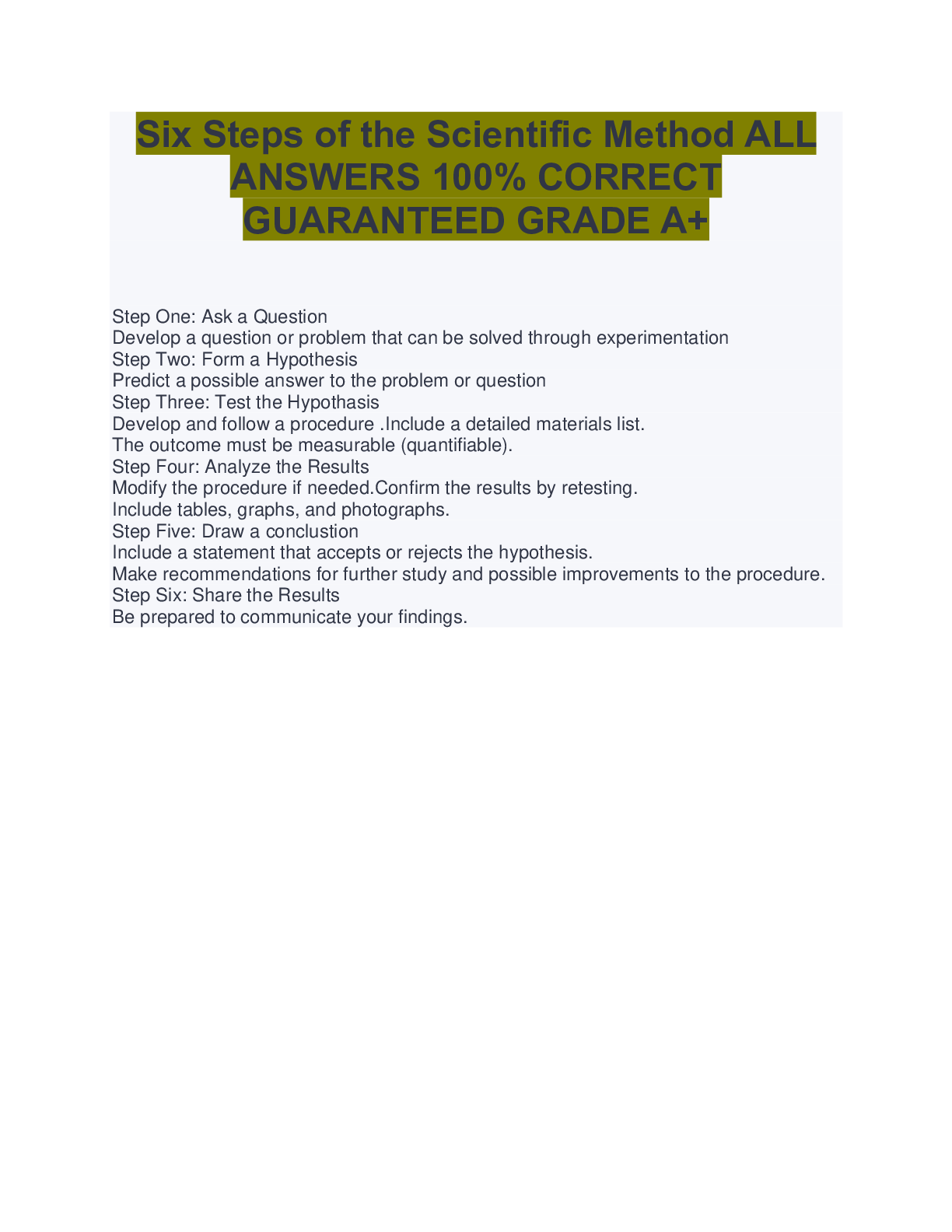 Preview image for Six Steps of the Scientific Method ALL ANSWERS 100% CORRECT GUARANTEED GRADE A+